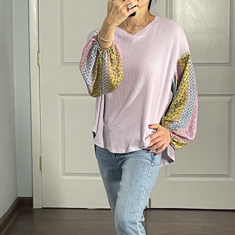 Blue - Pepper Lavender Thermal with Contrasting Ballon Sleeves Top size M - Picture 2 of 8